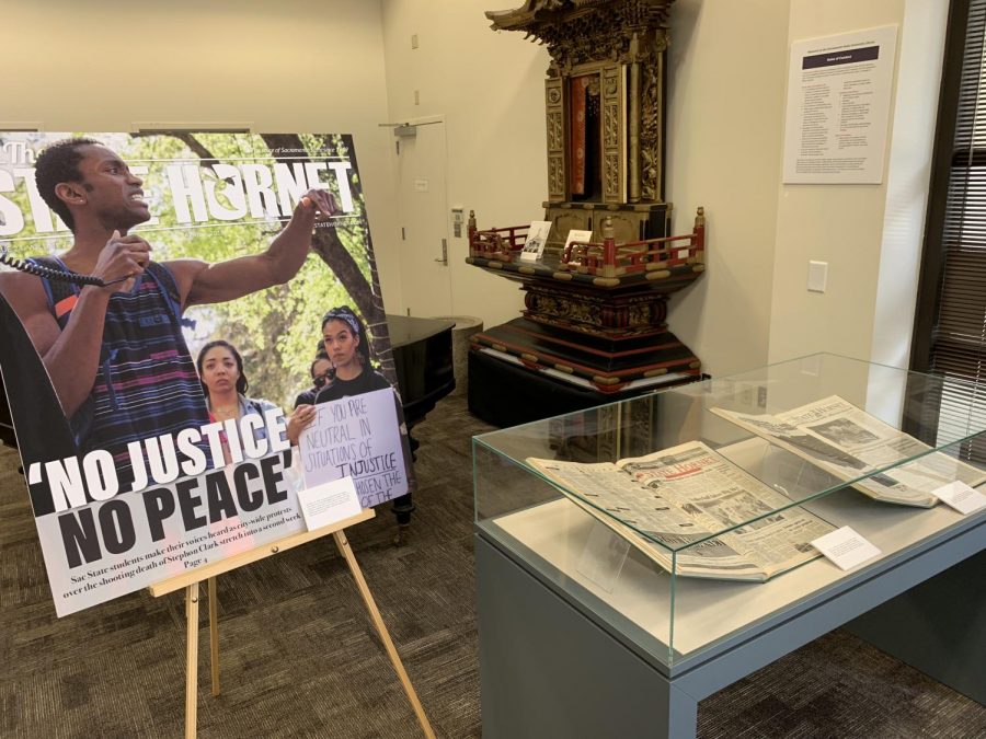Exhibit highlights include more recent events, such as campus reactions to Stephon Clarks death , left, and a 1998 issue celebrating the volleyball teams Big Sky Conference championship, middle.