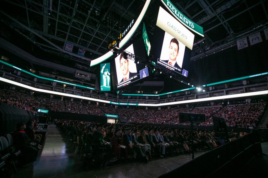 Images of William Molina were displayed on monitors at the Golden 1 Center on Saturday, May 18 at Sac States College of Business Administration commencement ceremony. Both Sac State President Nelsen and graduate Mia Kagianas paid tribute to him during their speeches, citing Molinas impact on the campus community.
