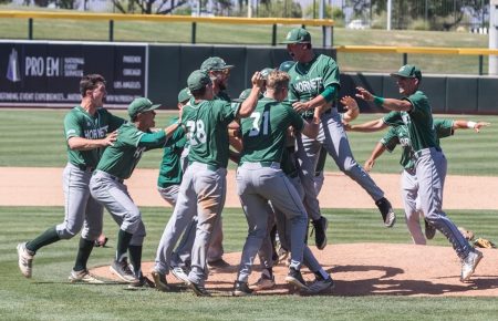 The Sac State baseball team celebrates winning the WAC tournament against Grand Canyon University on Sunday, May 26 at Hohokam Stadium in Mesa, Ariz. The Hornets defeated the Antelopes 5-4. 