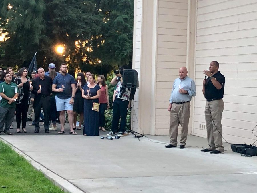 President Nelsen and LECS Founder Shelby Moffatt were among those who gave speeches at the vigil for slain Sac PD officer and Sac State alumna Tara OSullivan.