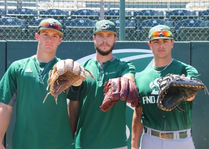 Left to right, Sacramento State sophomore infielder Steven Moretto, senior pitcher Tanner Dalton and freshman catcher Martin Vincelli-Simard are three of the six Canadian players on the Sacramento State baseball team this past season. 