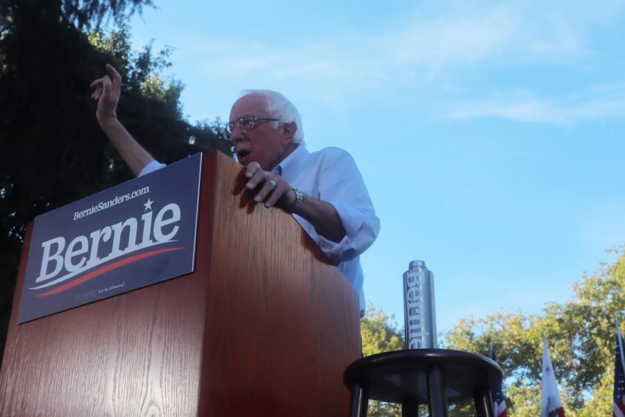 Presidential+candidate+Bernie+Sanders+addresses+the+crowd+at+Cesar+Chavez+Plaza+on+Thursday%2C+Aug.+22%2C+2019.+Sanders+speech+focused+on+his+platform+of+climate+change%2C+Medicare+for+All%2C+and+student+debt.
