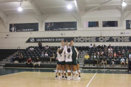 The Sac State Womens volleyball team comes together right before their last matchup of the tournament against Nevada. The Hornets won the tournament despite losing to Nevada.