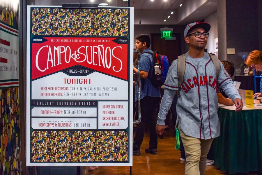 The front sign of Sac States Campo de Sueños exhibit in the University Union Thursday, Sept. 5. The exhibit showcased Mexican American baseball and softball history in Sacramento.