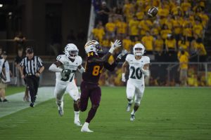 Arizona State junior wide receiver Frank Darby catches a pass against Sac State on Friday, Sept. 6 at Sun Devil Stadium. The Sun Devils entered the game as 35 point favorites but narrowly defeated the Hornets 19-7.