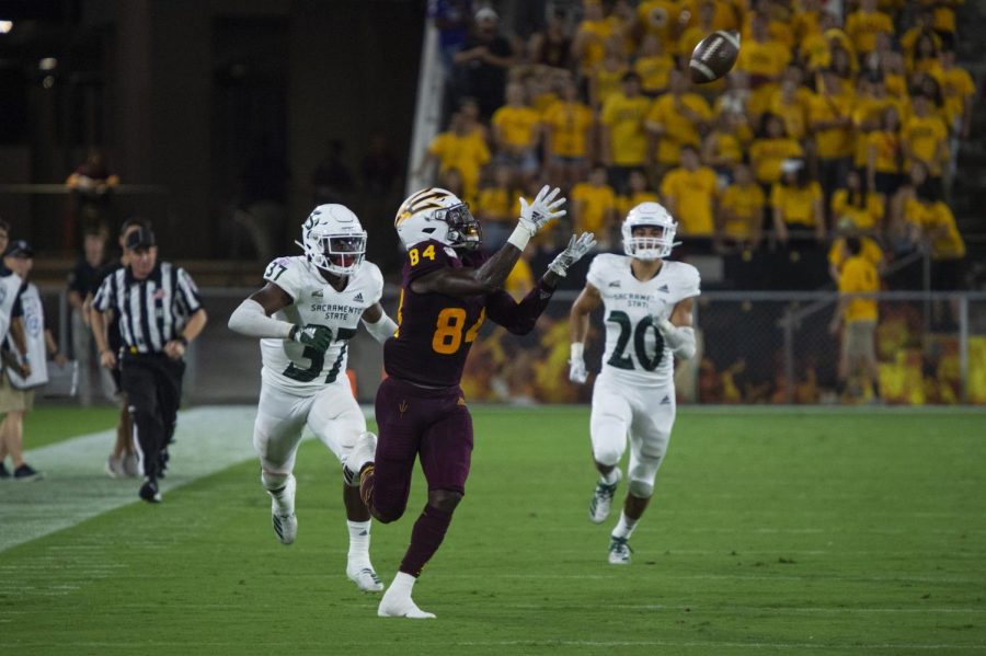 Arizona+State+junior+wide+receiver+Frank+Darby+catches+a+pass+against+Sac+State+on+Friday%2C+Sept.+6+at+Sun+Devil+Stadium.+The+Sun+Devils+entered+the+game+as+35+point+favorites+but+narrowly+defeated+the+Hornets+19-7.