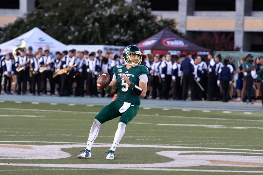 Sac State junior quarterback Kevin Thomson prepares to throw a pass against Northern Colorado on Saturday, Sept. 14, at Hornet Stadium. If Gov. Gavin Newsom signs SB 206, players like Thomson will be able to profit off their likeness.