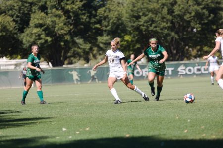 Sac State sophomore midfielder Camila Fonseca attempts to steal the ball against Toledo on Sunday, Sept. 15 at Hornet Field. Fonseca scored her first goal of the season in the 88th minute.