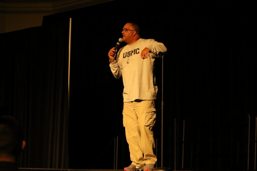 Comedian Kirk McHenry from Oakland performs live at Comedy Night in the University Union Ballroom on Thursday, Sept. 5. McHenry discussed his age and time in the Marine Corps.