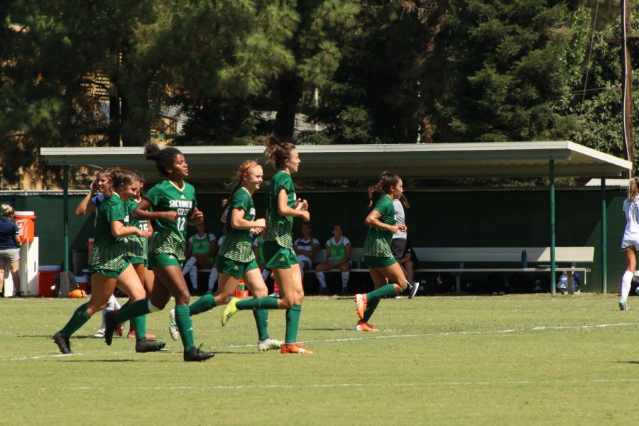 Members of the Sac State womens soccer team jog up the field against Cal Baptist on Sunday, Sept. 8 at Hornet Field. The Hornets and Lancers played a 2-2 draw.