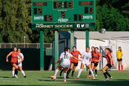 Sac State junior forwards Ariana Nino (#26) prepares to pass to teammate Tiffany Miras against Pacific on Thursday, Sept. 5 at Hornet Field. Nino scored one goal to help lead the Hornets to the 2-0 win.