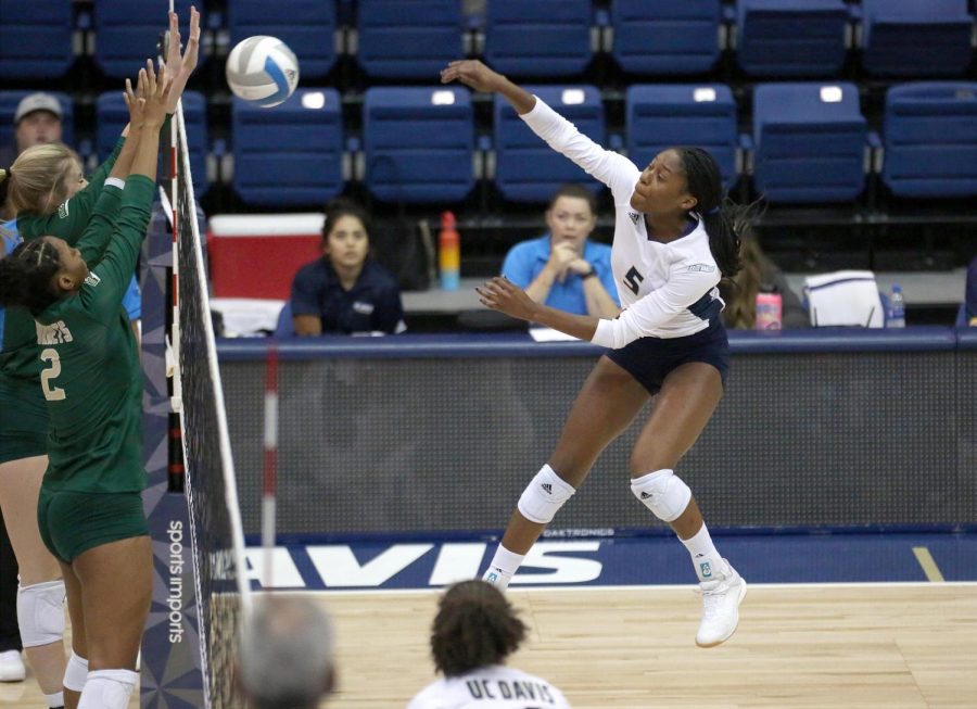 Sac+State+junior+middle+blocker+Cianna+Andrews+attempts+to+block+UC+Davis+sophomore+outside+hitter+Mahalia+White+on+Tuesday%2C+Sept.+3+at+the+Pavillion.+The+Hornets+began+their+12-game+road+trip+with+a+3-1+loss+to+the+Aggies.