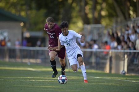 Sac State freshman defender Genaro Alfaro fights for positioning against Santa Clara on Sunday, Aug. 25 at Hornet Field. The Hornets and Broncos played a 1-1 draw.