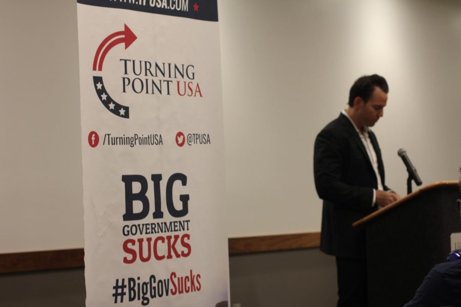 Assemblymember Kevin Kiley takes the stage on Thursday, Sept. 26 at an event organized by Sac States campus chapter of Turning Point USA, a conservative group. The chapters president Megan Masten said 69 people were in attendance at Thursdays event.