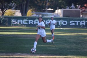 Sacramento State junior forward Julia Herrera dribbles downfield against the University of Idaho Friday, Oct. 25 at Hornet Field. The Hornets won in double overtime over the Vandals 1-0.