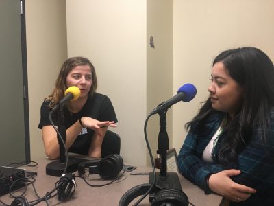 Sophomore Setter Ashtin Olin in the podcast booth with State Hornet volleyball beat writer Robyn Dobson. Olin was awarded Big Sky Volleyball offensive player of the week this month.