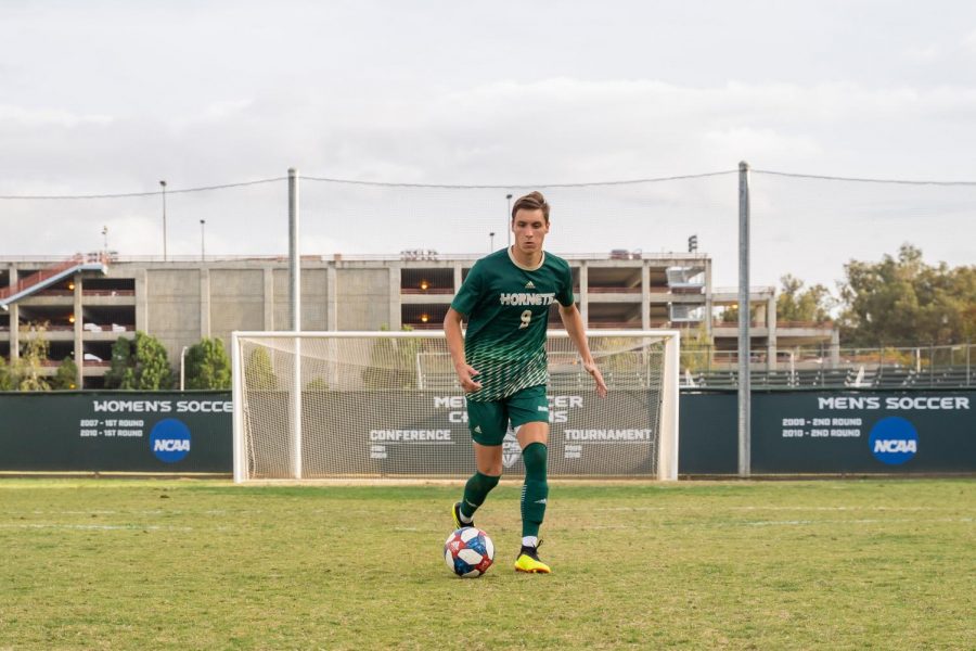 Sac State sophomore forward Benji Kikanovic dribbles the ball Saturday, Oct. 19 at Hornet Field. Kikanovic currently has 4 goals and one assist in the 2019 season.