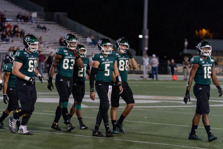 Members of the Sac State offense walk off the field against Montana Saturday, Oct. 19 at Hornet Stadium. The Hornets play at Cal Poly, San Luis Obispo Saturday night.