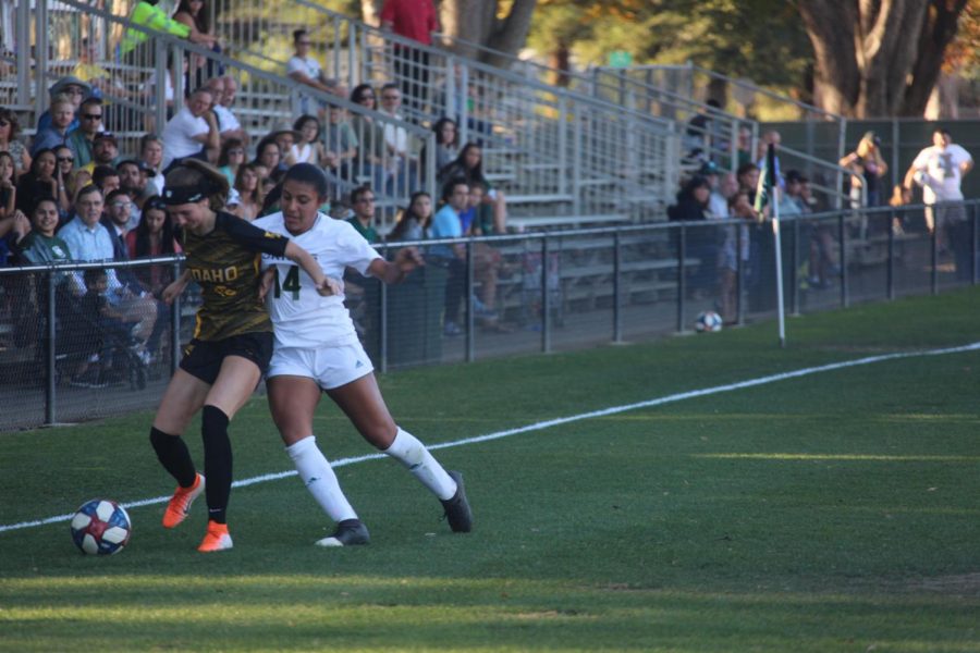 Sacramento State sophomore forward Erika Sosa fights for possession against the University Idaho Friday, Oct. 25 at Hornet Field. The Hornets won in double overtime over the Vandals 1-0. 