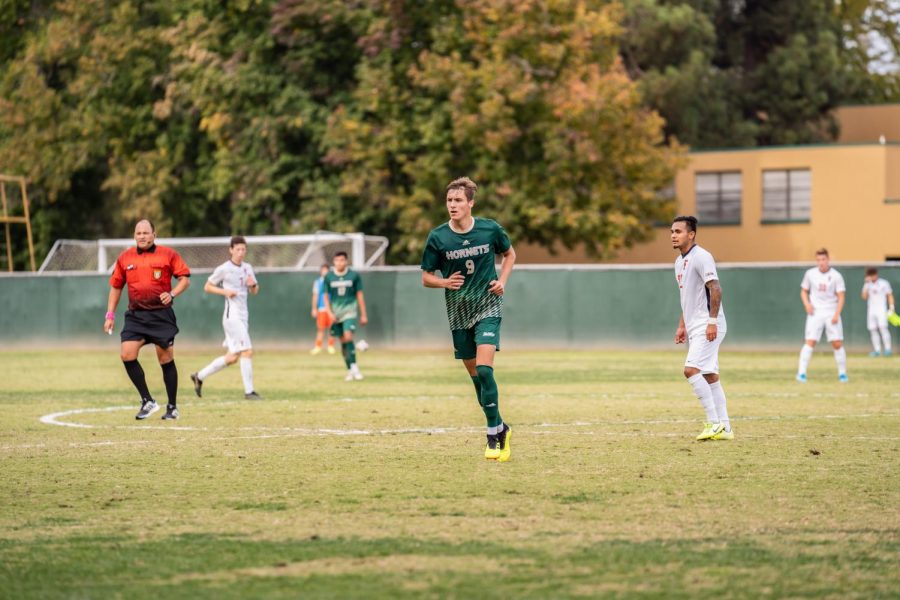 Sac State sophomore forward Benji Kikanovic runs for a play Saturday, Oct. 19 against CSU Fullerton at Hornet Field. The Sac State mens soccer team will have its fall 2020 season postponed due to the Big West Conferences announcement Wednesday that they will postpone sports competition through the end of the calendar year. 