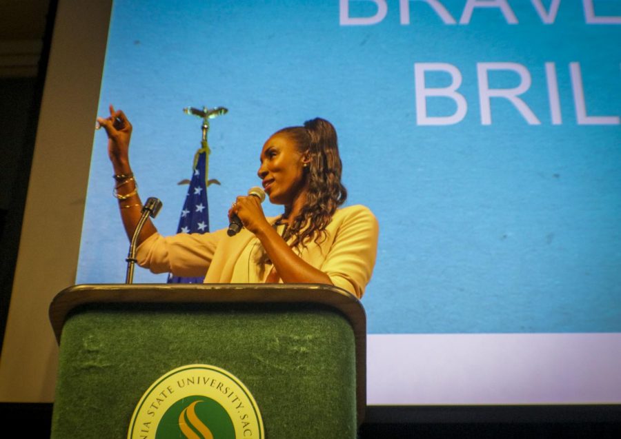 Lisa Leslie addresses the audience during her ‘Brave, Bold, Brilliant’ keynote address on Monday, Sept. 23. Leslie was Keynote speaker for Student Academic Success Day.