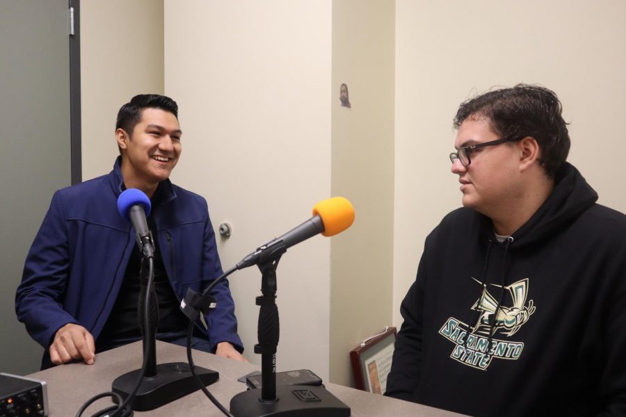 For ASI president and Public Policy & Administration major Noel Mora in the podcast booth with State Hornet Managing Editor Cory Jaynes. Mora recently testified against increasing the CSUs admissions requirements.