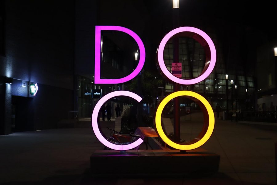 The+DOCO+sign+lights+up+at+night+off+of+7th+Street%2C+welcoming+patrons+to+enjoy+the+many+downtown+Sacramento+offerings.+DOCO+has+many+offerings+for+Sac+State+students.
