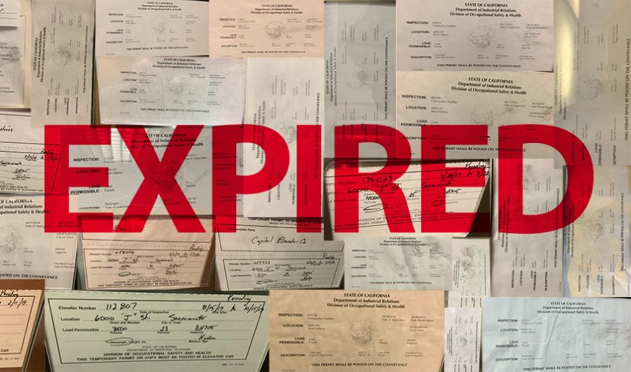 Photo Illustration. Expired permits on campus have a wide range of expiration dates, from as far back as Sept. 2017 to as recent as Oct. 15 2019. In total, The State Hornet found thirty expired permits posted in campus elevators. 