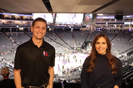 Dave Deuce Mason and Morgan Mo Ragan pose for a photo on the job Wednesday, Oct. 17 at Golden 1 Center. Deuce and Mo have been creating content for the Sacramento Kings since 2015.