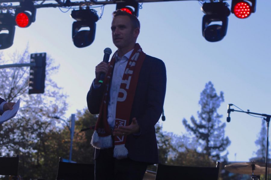 Sacramento Republic FC President and Chief Operating Officer, Ben Gumpert, speaks in front of a crowd during the Indomitable Block Party Mon. Oct. 21. Sacramento Republic FC held the party to celebrate joining Major League Soccer.