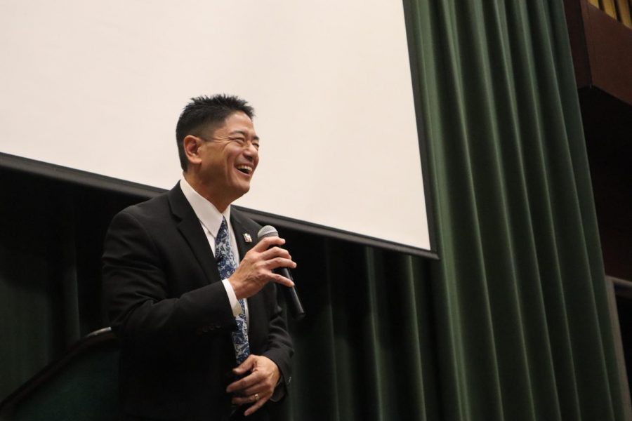 Taking the stage, Mitchell Maki addresses the crowd after being introduced by Sac State assistant sociology professor Susan Nakaoka Thursday. Maki was Susan Nakaokas professor and acted as advisor to her masters thesis, which studied female second-generation Japanese American activists. 