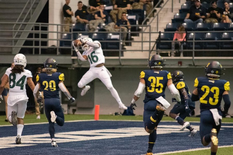 Sac+State+freshman+tight+end+Marshel+Martin+catches+a+touchdown+pass+against+Northern+Arizona+on+Saturday%2C+Nov.+9+at+the+Walkup+Skydome+in+Flagstaff%2C+Arizona.+Martin+had+four+receptions+for+92+yards+and+two+touchdowns+in+the+38-34+win+over+the+Lumberjacks+on+Saturday.