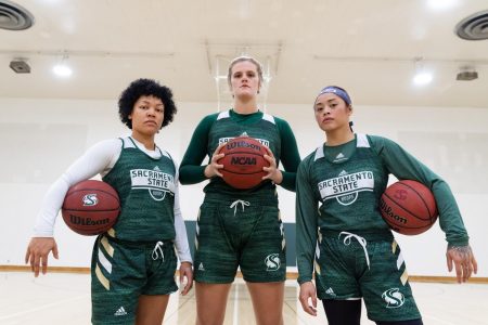 From left, Sacramento State womens basketball seniors, guard Camariah King, forward Kennedy Nicholas and guard Gabi Bade pose for a photo Thursday, Oct. 31 at Yosemite Hall. The Hornets ended the 2018-19 season with a record of 10-19 and a six-game losing streak.