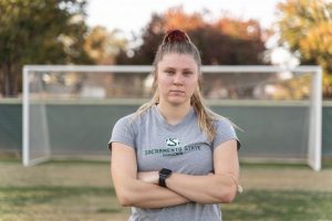 Sac State womens soccer junior midfielder Skylar Littlefield poses for a photo at Hornet Field. Littlefield suffered a concussion after being hit in the head by a soccer ball during a match in the 2019 season.
