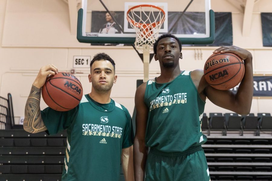 From left, Sac State men's basketball seniors, guard Izayah Mauriohooho-Le'afa and center Joshua Patton, pose for a photo Monday, Nov. 4 at The Nest. The men's basketball team had a 15-16 record in the 2018-19 season.