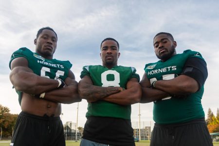 From left to right, Sac State senior football players, defensive lineman George Obinna, defensive back Caelan Barnes and defensive lineman Dariyn Choates pose for a photo after practice. Sac State’s defense has accumulated 38 sacks this season through ten games, the most in the Big Sky.
