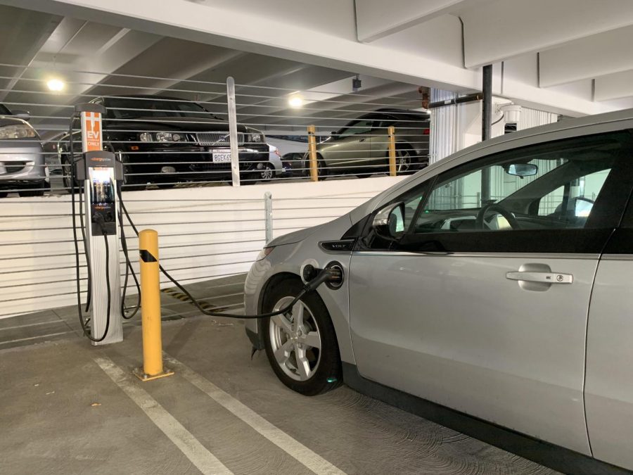 A Chevrolet Volt charges on campus in Parking Structure V. There is a maximum of $44 per charging session. 