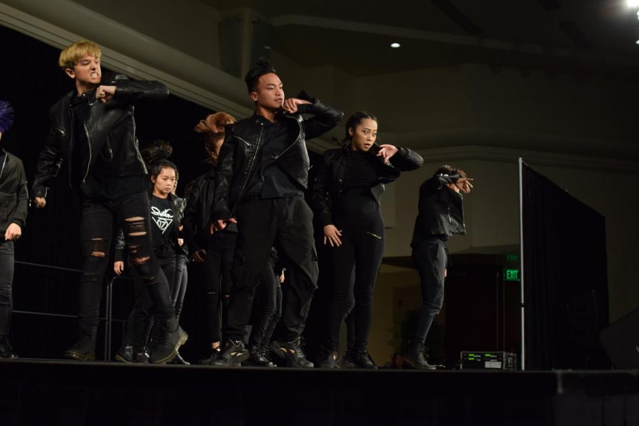 K-Pop group Krescendo performing an elaborate dance number on stage in the University Union Ballroom. Sac States Got Talent was held in the University Union on Thursday, Nov. 14.