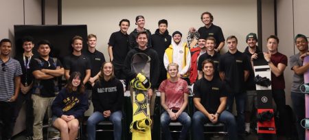 Members of the Sac State ski and snowboard team pose for a photo at the weekly Thursday meeting. The team participates in both alpine and slope/freestyle events.
