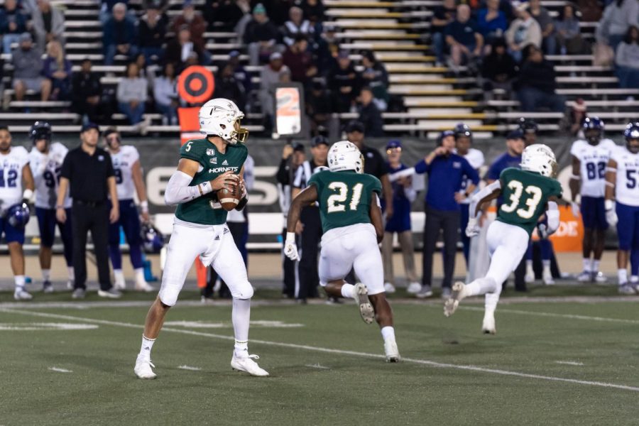 Sac+State+junior+quarterback+Kevin+Thomson+prepares+to+throw+against+Weber+State+on+Saturday%2C+Nov.+2%2C+at+Hornet+Stadium.+Thomson+had+a+total+of+144+passing+yards+before+leaving+the+game+in+the+second+quarter+due+to+an+injury.