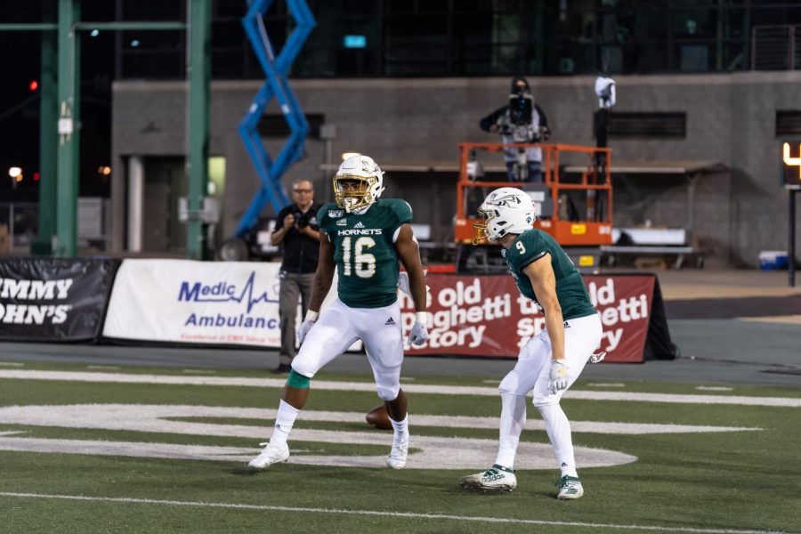 Sac State freshman tight end Marshel Martin (left) celebrates a touchdown with freshman wide receiver Parker Clayton against No. 3 Weber State on Nov. 2 at Hornet Stadium. The Hornets play at Idaho this Saturday in their final road game of the regular season.