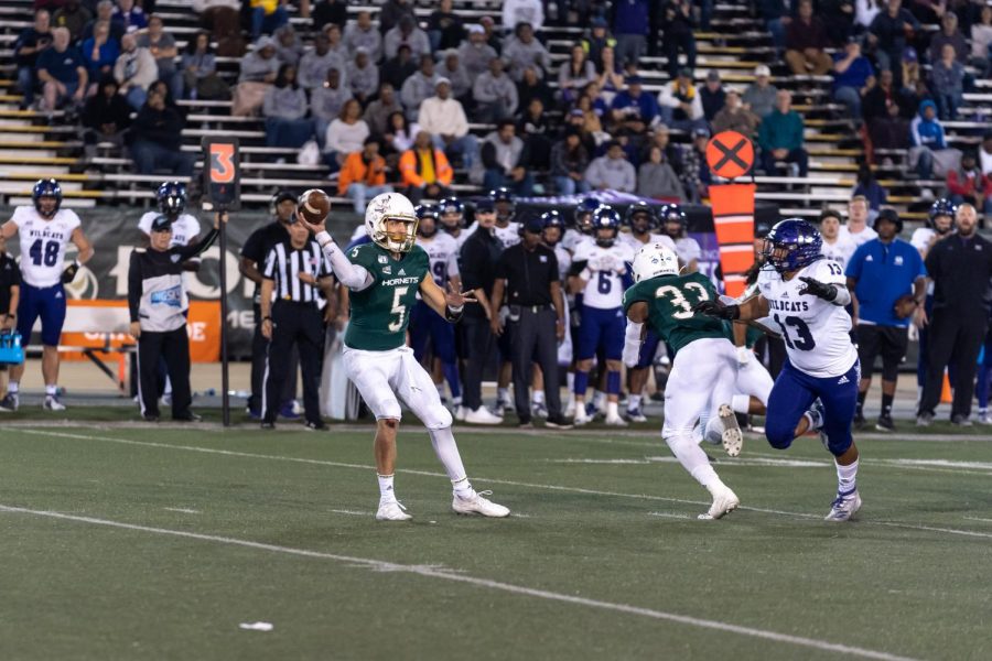 Sac State junior quarterback Kevin Thomson throws a pass against No. 3 Weber State on Nov. 2 at Hornet Stadium. Thomson returned from injury Saturday to lead the Hornets to a 31-7 road win at Idaho.