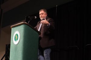 Author Tim Wise lectures Sac State students in the University Union Ballroom Thursday, Nov. 7. Wise is a prominent anti-racism activist and spoke on the rise of white nationalism during the Trump administration.