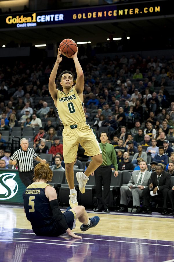 Sac State guard Marcus Graves shoots a jump shot against UC Davis on Monday, Nov. 21, 2016 at the Golden 1 Center. Graves ranks in the top 10 in many Sac State mens basketball statistical categories such as eighth in career points (1,354), third in assists (472), second in total minutes (3,300) and second in games started (93).