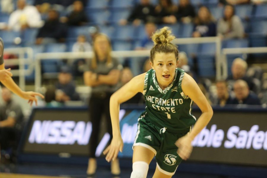 Sac State sophomore point guard Milee Enger pursues a loose ball in the third quarter at Nevada on Saturday, Nov. 9 at Lawlor Events Center in Reno, Nevada. The Hornets lost on the road to Cal Poly on Wednesday 62-43.