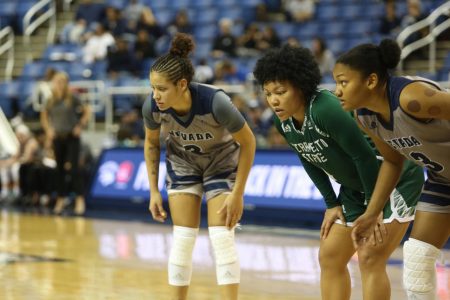 Sac State senior guard Camariah King lines up along the key between two former Nevada Wolf Pack teammates on Saturday, Nov. 9 in Reno, Nevada. King says Nevadas decision to move on from her came as a shock.
