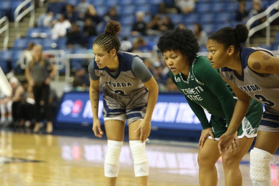 Sac State senior guard Camariah King lines up along the key between two former Nevada Wolf Pack teammates on Saturday, Nov. 9 in Reno, Nevada. King says Nevada's decision to move on from her came as a shock.