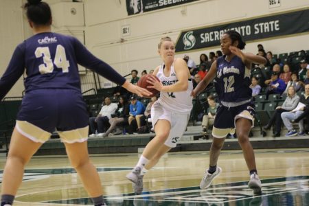 Sac State sophomore guard Emily Enochs drives to the basket against Cal State Maritime Academy on Wednesday, Nov. 13 at The Nest. The Hornets beat the Keelhaulers 86- 55.
