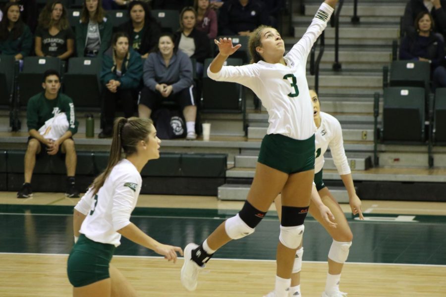 Sac State junior outside hitter Macey Hayden spikes the ball against Weber State on Thursday, Nov. 14 at The Nest. Hayden had four points in the three set loss.