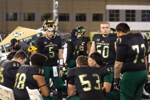 Sac State junior quarterback Kevin Thomson (5) and his teammates watch the clock wind down to its last 10 seconds of a loss against Austin Peay on Saturday, Dec. 7 at Hornet Stadium. The Hornets lost to the Governors 42-28 in the second round of the FCS Playoffs.
